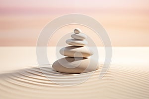 Zen stones stack on raked sand in a minimalist setting for balance and harmony