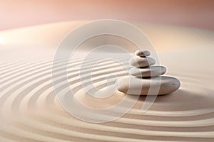 Zen stones stack on raked sand in a minimalist setting for balance and harmony