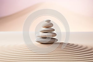 Zen stones stack on raked sand in a minimalist setting for balance and harmony