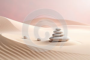 Zen stones stack on raked sand in a minimalist setting for balance and harmony