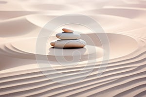 Zen stones stack on raked sand waves in a minimalist setting for balance and harmony