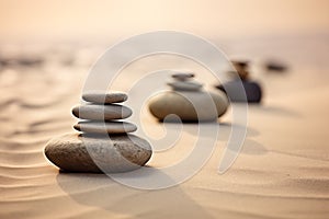 Zen stones stack on sand waves in a minimalist setting for balance and harmony