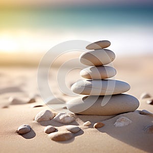 Zen stones stack on sand waves in a minimalist setting for balance and harmony