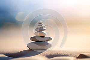 Zen stones stack on sand waves in a minimalist setting for balance and harmony