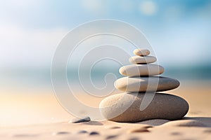 Zen stones stack on sand waves in a minimalist setting for balance and harmony