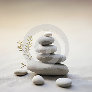 Zen stones stack on sand waves in a minimalist setting for balance and harmony