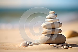 Zen stones stack on sand waves in a minimalist setting for balance and harmony