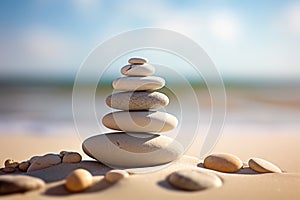 Zen stones stack on sand waves in a minimalist setting for balance and harmony