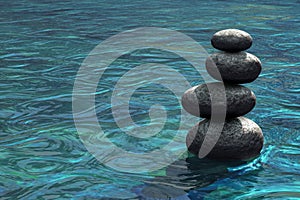 Zen stones stacked on river scene photo