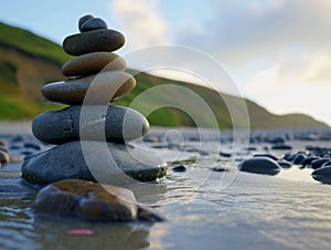 Zen stones stacked on a serene beach at sunset