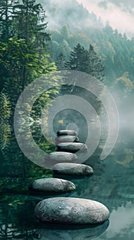 Zen stones stacked in a serene forest lake with mist