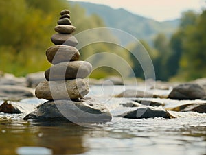 Zen stones stacked in a tranquil river setting