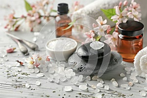 Zen Stones Stacked on Wooden Surface With Spa Essentials