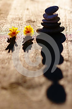 Zen Stones Sunset With Flowers Background