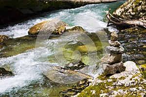 Zen stones at Vintgar gorge, Slovenia, Beautiful environmental place