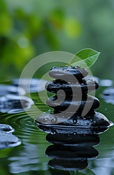 Zen stones in water with green leaf photo