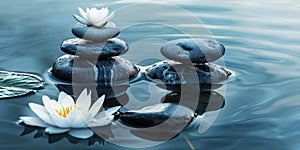 Zen stones, water lily, lotus symmetrically aligned against calm water. Self care, yoga training, fitness, breathing exercises,