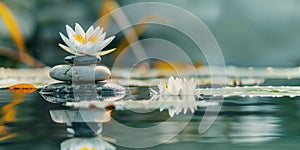 Zen stones, water lily, lotus symmetrically aligned against calm water. Self care, yoga training, fitness, breathing exercises,