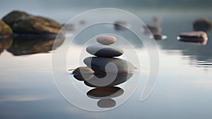 zen stones in water with reflection of blue sky and clouds - meditation concept