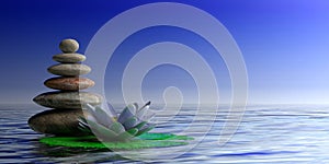 Zen stones and waterlilly on blue sea and sky background, copy space. 3d illustration