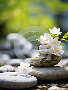 zen stones and white flowers