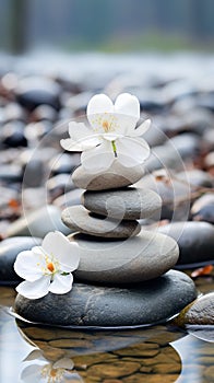 zen stones and white flowers