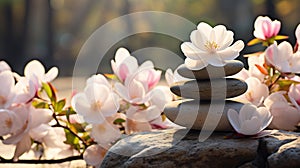 zen stones and white flowers