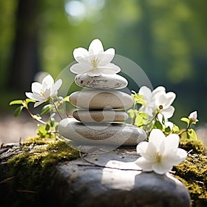 zen stones and white flowers