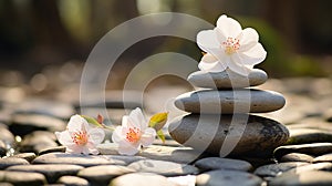 zen stones and white flowers