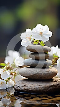 zen stones and white flowers