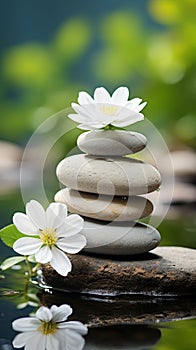 zen stones and white flowers