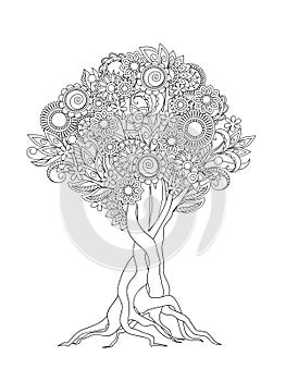 Zen tangled tree with mandalas, flowers and leaves