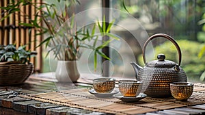zen tea set on bamboo mat evokes tranquility for mental wellness and meditation, symbolizing peace and mindfulness with photo