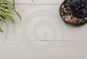 Zen water fountain next to a plant