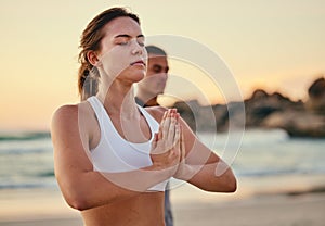 Zen, woman and on beach for meditation, exercise and peace for balance, workout and healthy lifestyle. Female, girl and