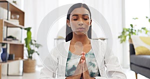 Zen woman calm meditation and breathing sitting alone on floor in living room. Tranquil, bliss, young girl daily