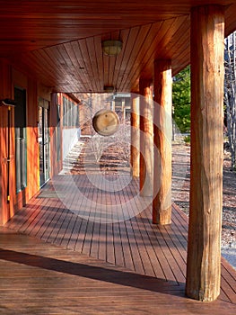 Zen: wooden walkway with disc gong
