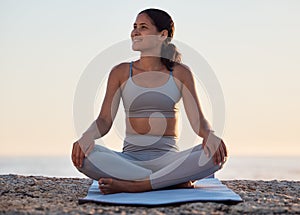 Zen, yoga and woman relax in nature for wellness, health or workout. Meditation, pilates and happy female in pose on