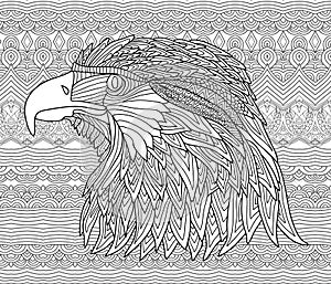 Zenart. Coloring book page for adults. Hand-drawn figure of an eagle with patterns