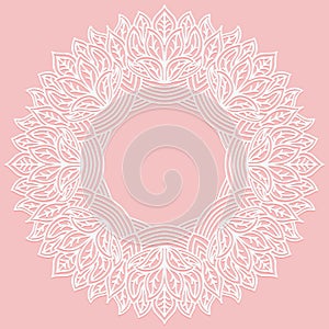 Zenart round frame with pattern from leaves. Lace carved figure on pink background. Pattern suitable for laser cutting, plotter cu