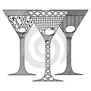 zenart style 3 three martini glasses with olive, doodle, zentangle, wall art, printable