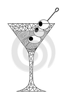 zenart style martini glass with olive on a skewer, doodle, zentangle, wall art, for print