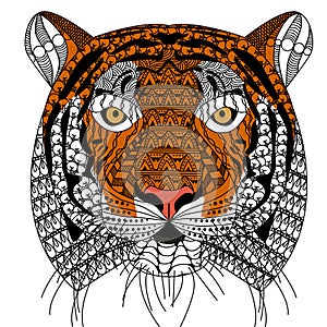 Zenart style tiger head with moustache,color drawing  for print