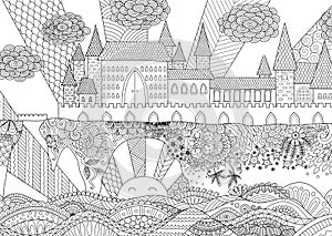 Zendoodle castle landscape for background, adult coloring and design element. Stock . photo