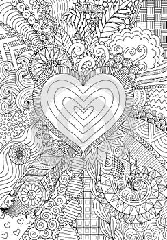 Zendoodle design of heart shape on abstract line art background design