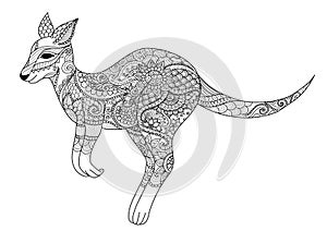 Zendoodle design of jumping kangaroo for design element and adult or kid coloring book page. Vector illustration photo