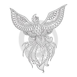 Zendoodle design of phoenix bird for tattoo, t shirt design, adult coloring book page and other design element. Stock Vector