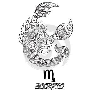 Zendoodle design of Scorpio zodiac sign for design element and adult coloring book page. Stock Vector photo
