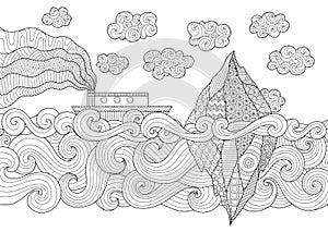 Zendoodle design of seascape with running vessel