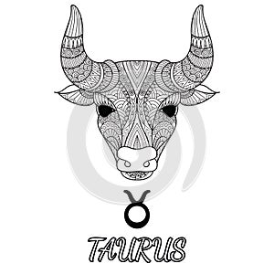 Zendoodle design of Taurus zodiac sign for design element and adult coloring book page. Vector illustration photo